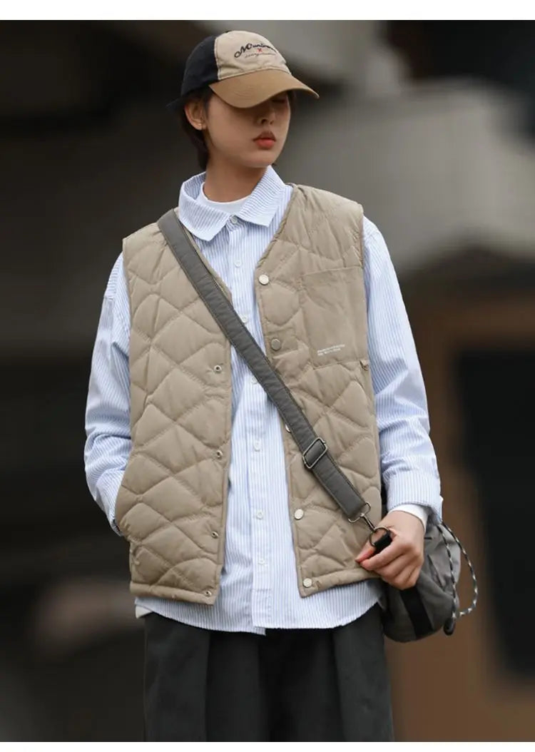 Riolio Cotton-layered Fashionable Vest Men with Autumn Winter Simple Casual Light Heated Inner Vest Cardigan Work Vest Top Aesthetic