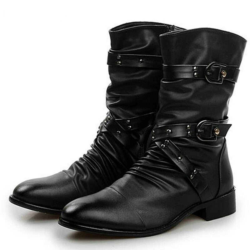 Riolio Men's Leather Boots High Quality Biker Boots Black Punk Rock Shoes Men's Women's Tall Boots Size 38--48
