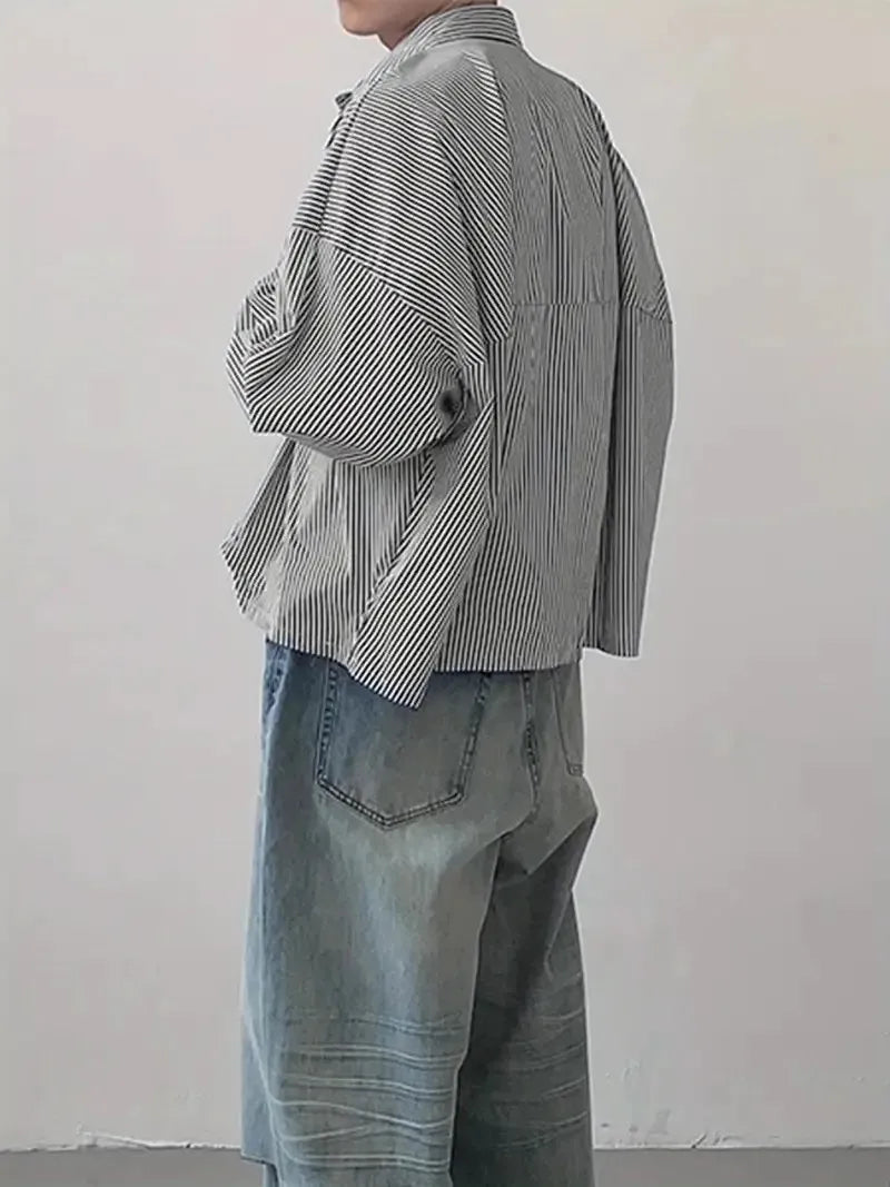 Riolio  New Japanese Trendy Men Shirts Light Luxury Textured Lapel Striped Long Sleeve Cardigan Tops Leisure Premium Loose Blouse M-2XL