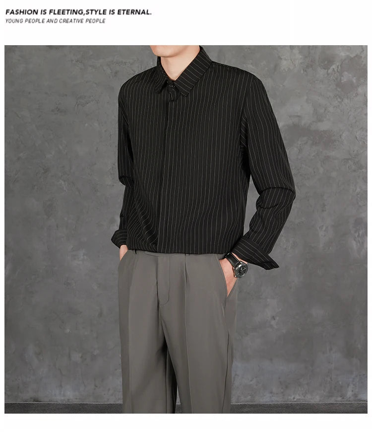 Riolio  New Naples Business Men Shirts Light Luxury Textured Lapel Striped Long Sleeve Cardigan Leisure Premium Commuter Blouse S-4XL