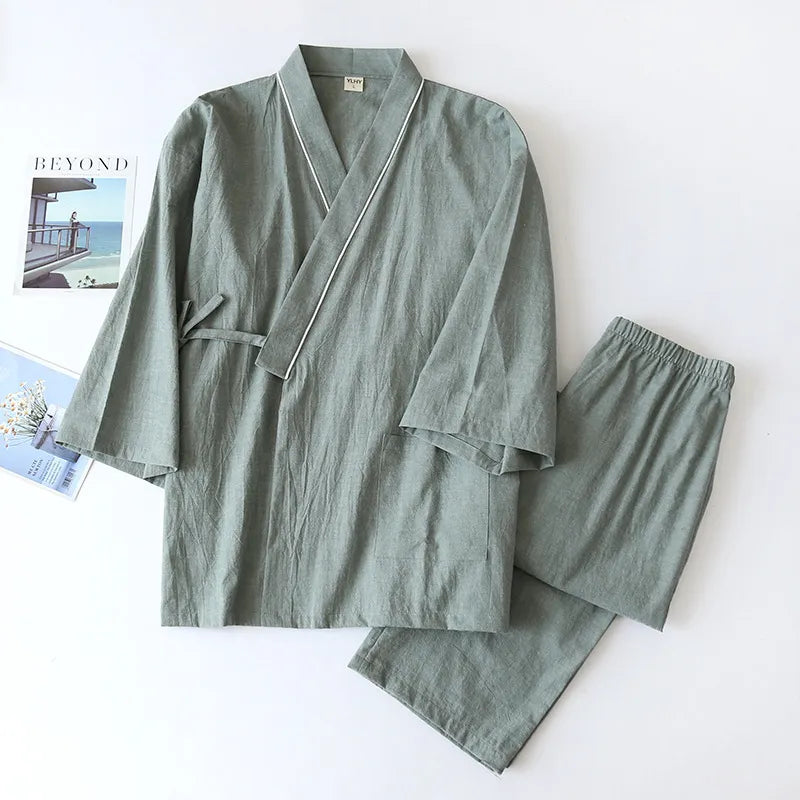 Riolio Spring/Autumn Japanese Kimono Mens Pajamas Men Sleepwear Male Thin Ninth Sleeve Lace-Up Top + Pants Loose Two-piece Homewear