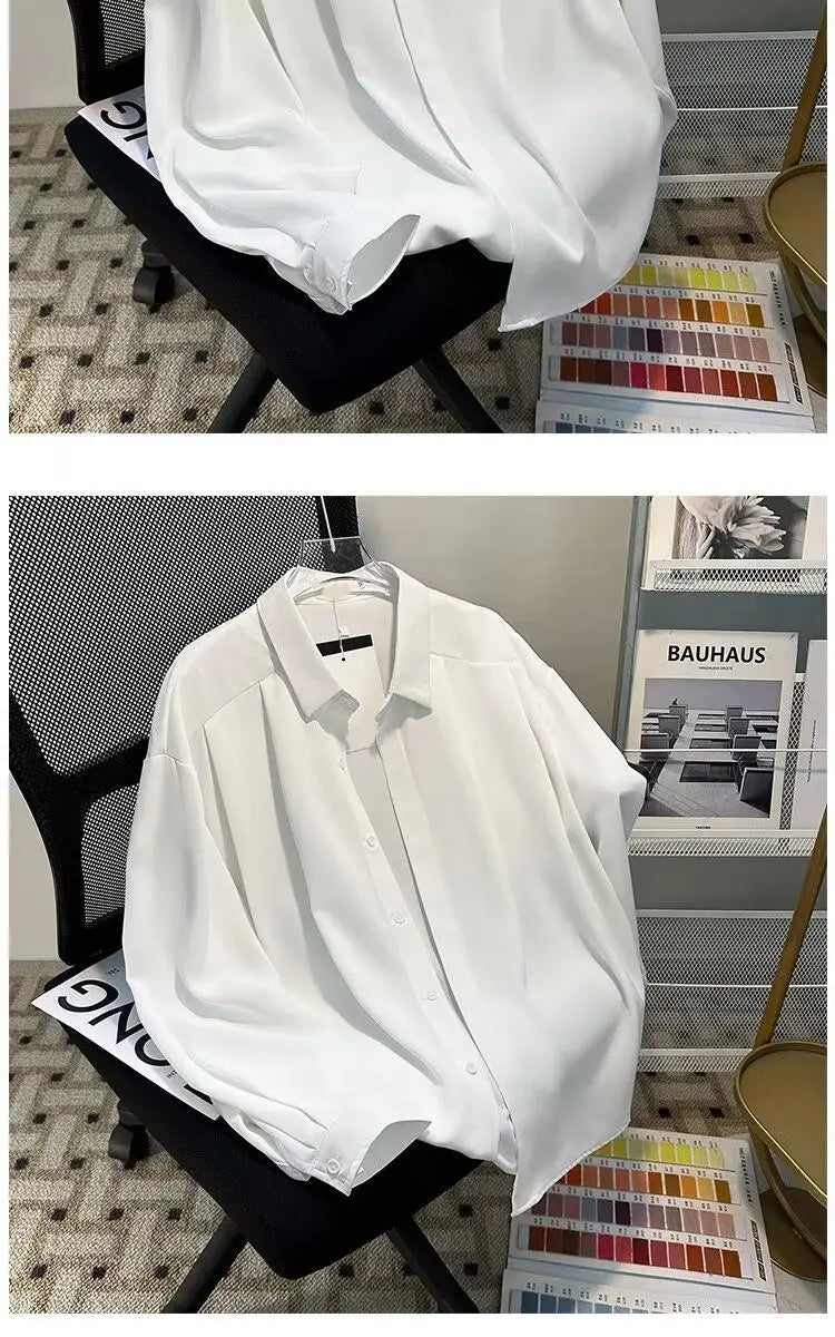 Riolio Korean High-end Long-sleeved Shirt Men's Solid Color High-end Droop Top Spring and Autumn Loose Handsome Shirt Chic Streetwear