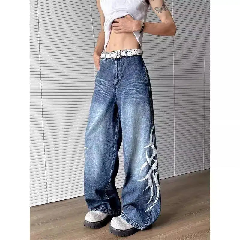 Riolio Men Loose Straight Leg Extra Long Floor Sweeping Jeans Unique Printed Design New Autumn Fashion Trendy Casual Streetwear