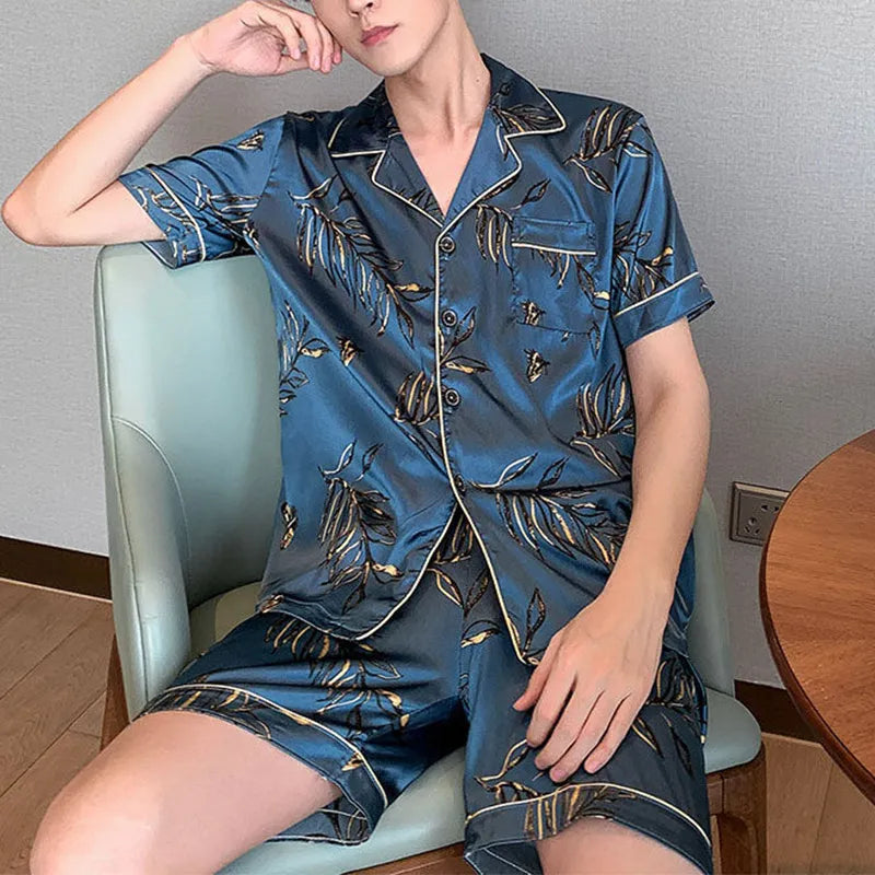 Riolio Men Pajama Sets Summer Sleepwear Ice Silk Satin Short Sleeve Pyjamas Suit Loose Loungewear Male Casual Homewear L-5XL