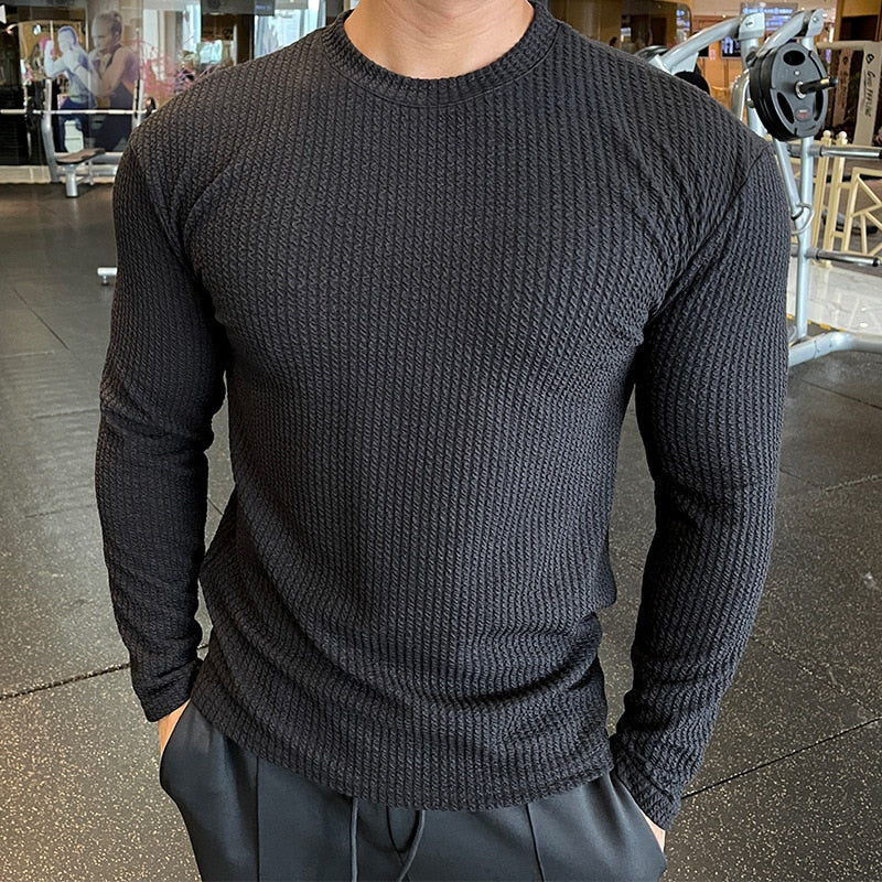 Riolio Men Fashion body-building Long Sleeve T-shirts O-Neck Solid Casual Spring Autumn Tees Men Shirt Loose Tops Streetwear Tee shirt