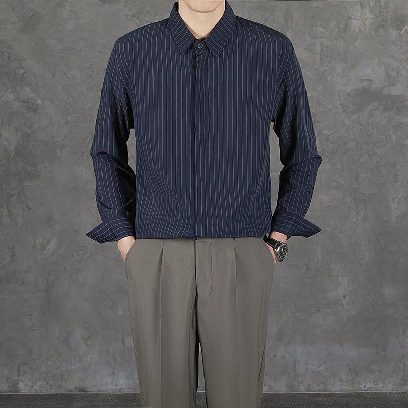 Riolio  New Naples Business Men Shirts Light Luxury Textured Lapel Striped Long Sleeve Cardigan Leisure Premium Commuter Blouse S-4XL