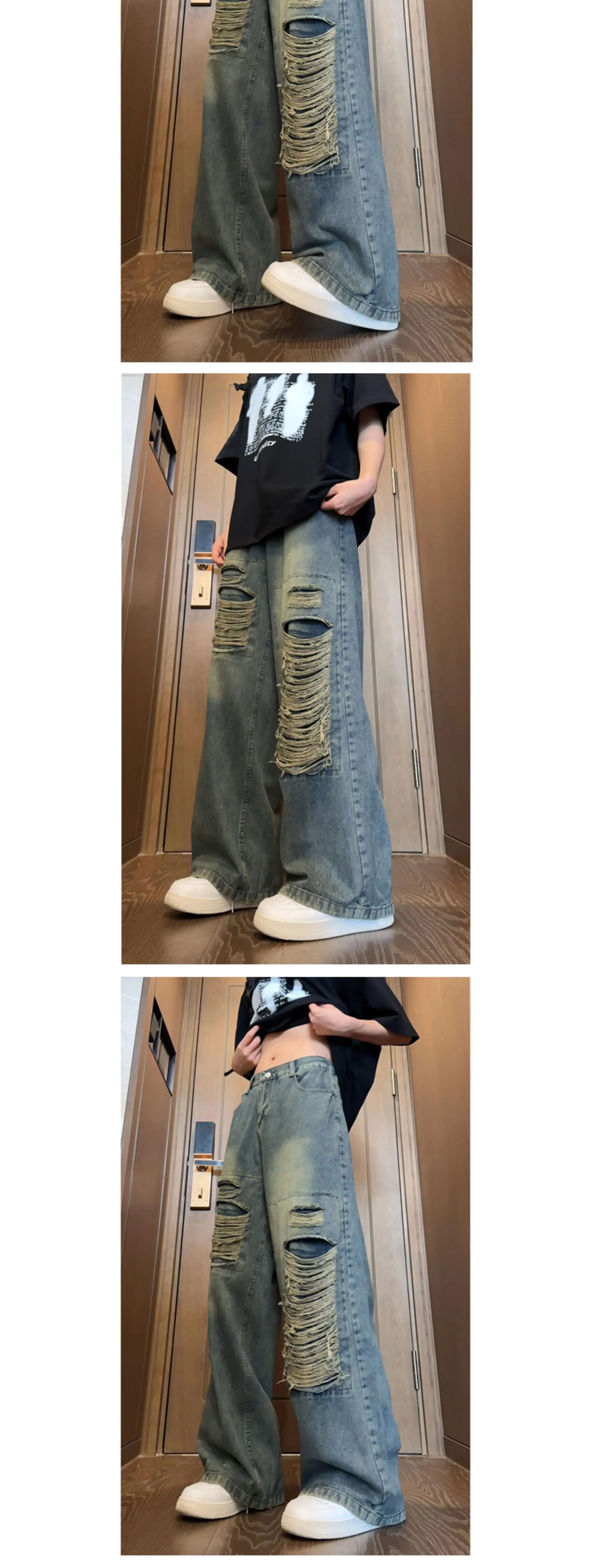 Riolio Beggar jeans men Vintage Streetwear Ripped Hole Jeans Men Women Harajuku Aesthetic Wide Leg Denim Trousers Unisex Straight Pants