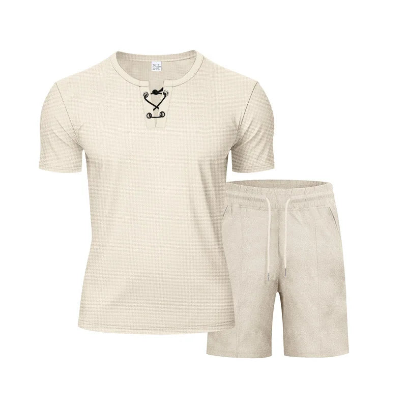 Riolio 2025 Summer Simplicity Men's Suit Loose Walf Checks Fabric Breathable Comfort and Casual Short Sleeve Shorts Two-Piece Suit