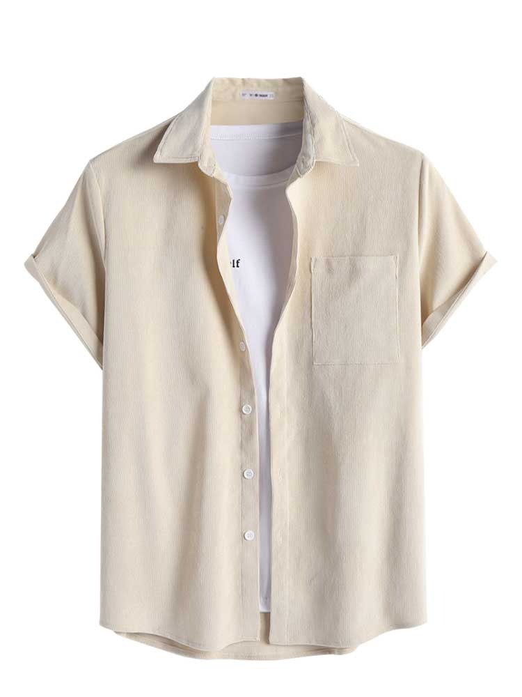 Riolio Two Piece Outfits for Men Casual Basic Solid Corduroy Short Sleeves Button Up Shirt with Drawstring Shorts Set Z5092646