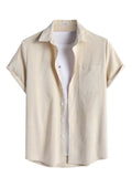 Riolio Two Piece Outfits for Men Casual Basic Solid Corduroy Short Sleeves Button Up Shirt with Drawstring Shorts Set Z5092646