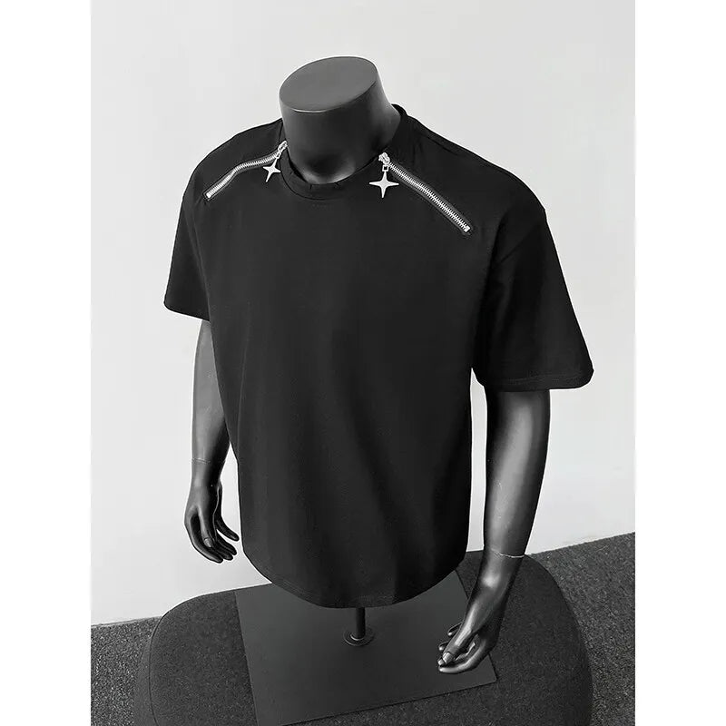 Riolio Breathable Mens Round Neck T-Shirt man Zip Detail Trendy Design New Urban Streetwear Casual Summer Tee Comfort Fit Stylish Soft