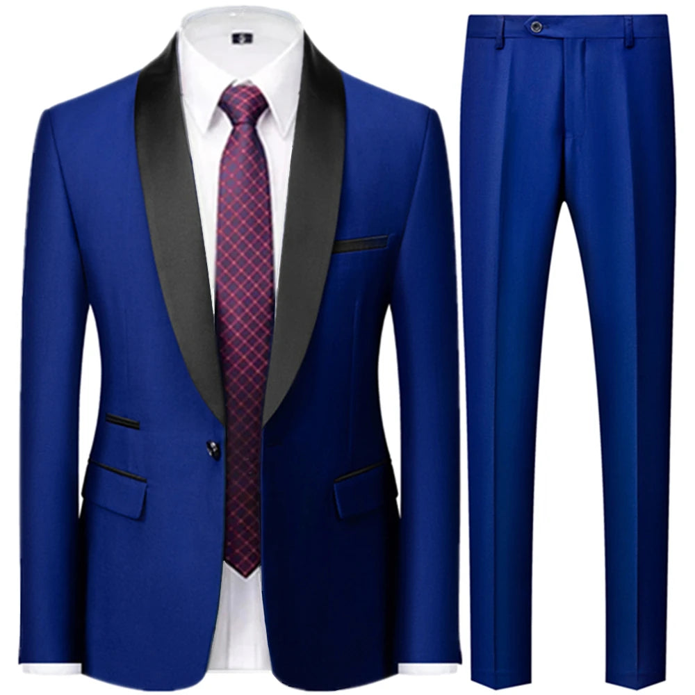 Riolio 3 Pieces Set Men's Business Blazers Coat / Male Slim Fit Color Matching Collar Suit Tuxedo Leisure Jacket Pants Vest Wedding