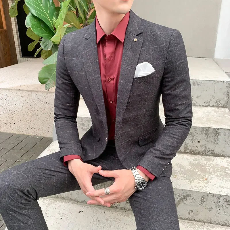 Riolio 2 Pieces Suits Set Men Style Design Fashion Male Slim Fit Plaid Wedding Dress Blazers Jacket Pants Trousers Coat