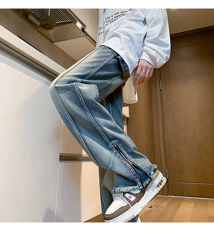 Riolio Men's jeans fashion Side Zipper Pants New Fashion men streetwear Jeans Loose Straight Denim Pant Mens  jeans homme hip hop