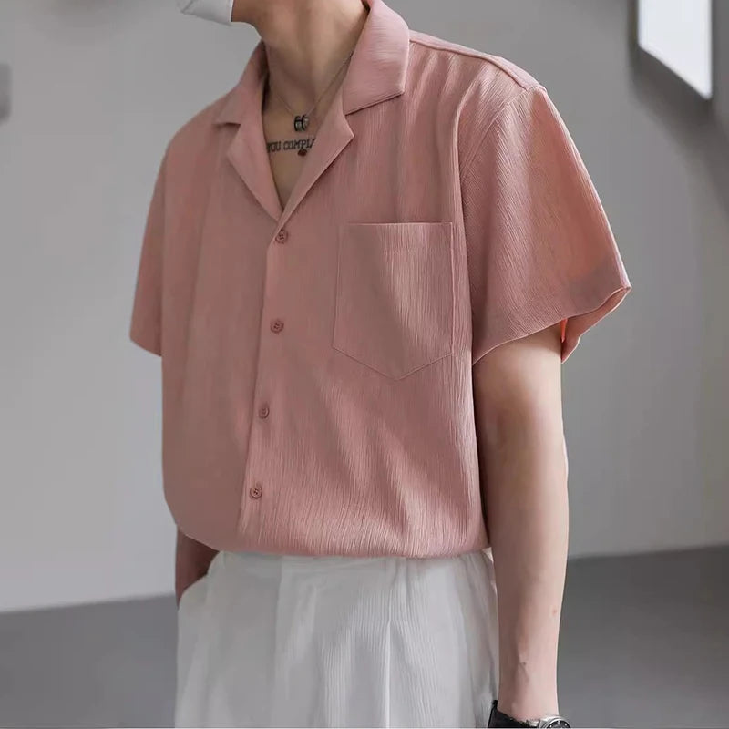 Riolio Summer Men's Clothing Light Luxury Suit Neck Shirt Korean Striped Short Sleeve Button-down Retro Fashion Streetwear Leisure