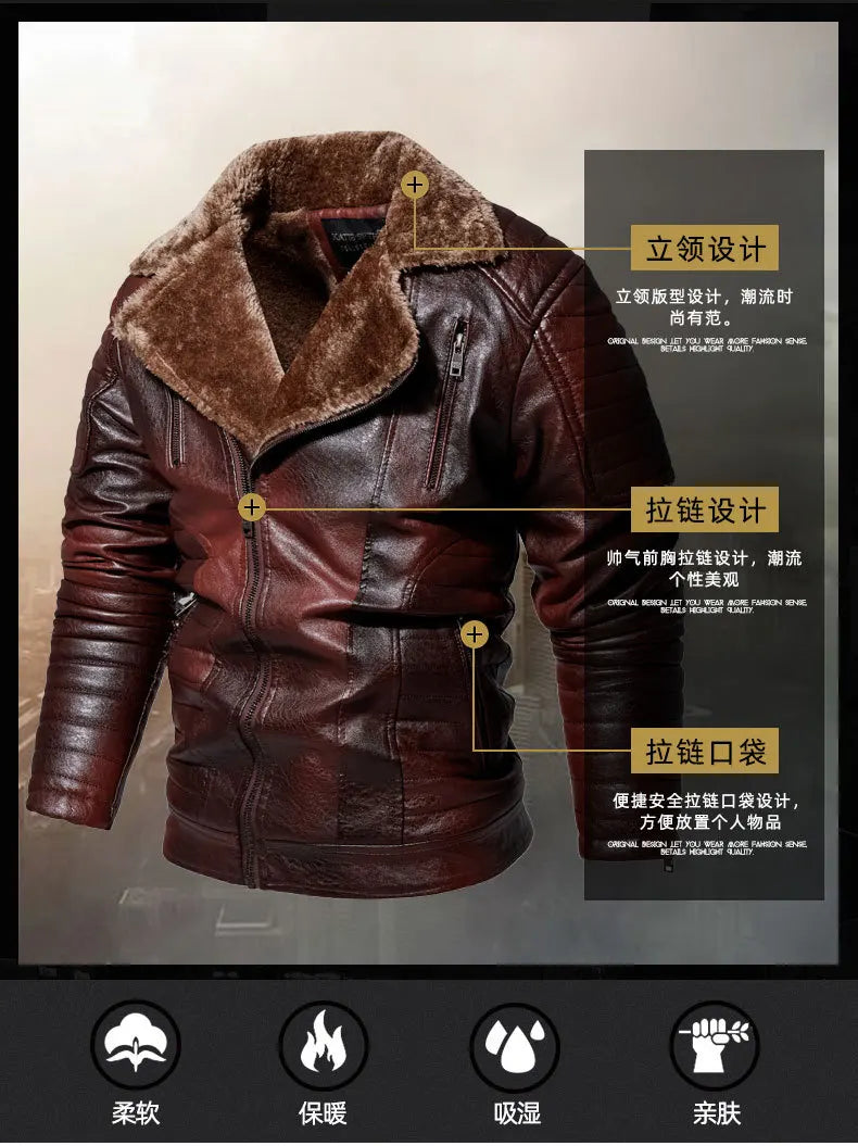 Riolio Male Outerwear Bomber Leather Jacket High-end Men's Fleece Warm Motorcycle Suit Collar Jackets Moto Biker PU Baseball Jackets