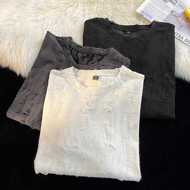 Riolio Ripped T-shirts Men Hole Y2k Tops Streetwear Summer O-neck Clothing Hip Hop Fashion Teens American Retro Vintage Футболки Baggy