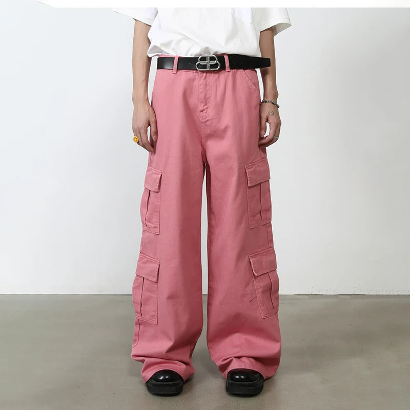 Pink Cargo Jeans Pants Men Oversize Wide Leg Denim Trousers Male Loose Casual Japanese Streetwear Hip Hop Pocket