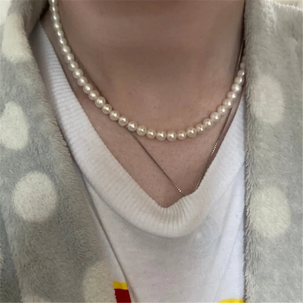 Riolio Pearl Necklace Men Simple Handmade Strand Bead Necklace New Trendy Men Jewelry for Women Girls Wedding Banquet Necklaces