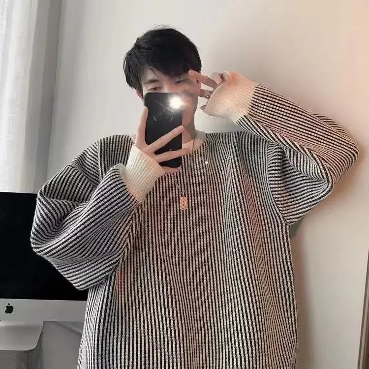 Riolio Hip hop street fashion men and women individuality simple striped sweater couple loose retro autumn and winter knitwear top y2k