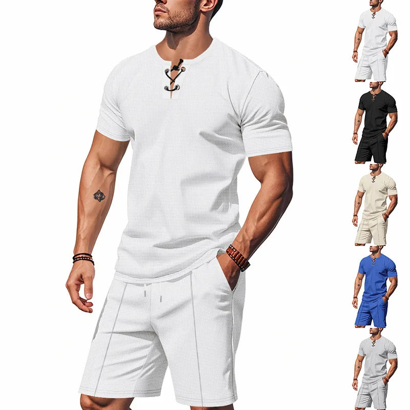 Riolio 2025 Summer Simplicity Men's Suit Loose Walf Checks Fabric Breathable Comfort and Casual Short Sleeve Shorts Two-Piece Suit