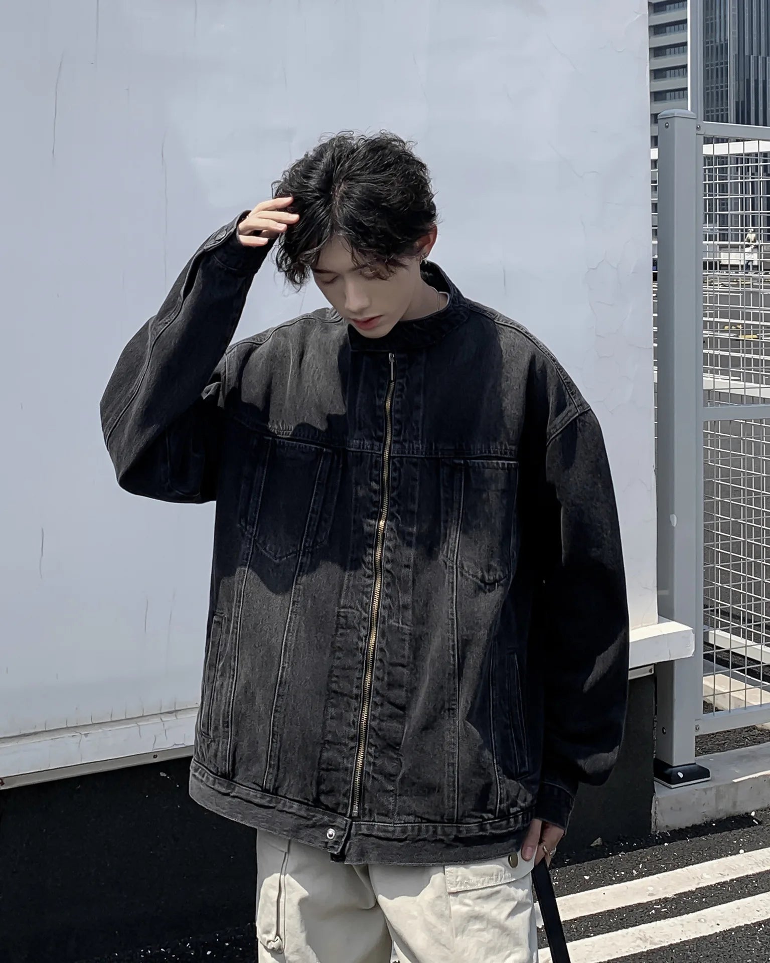 Riolio New High Street Men's Zip-up Denim Jackets Casual Washed Streetwear Stand Collar Texture Korean Harajuku Retro Long Sleeve Coats