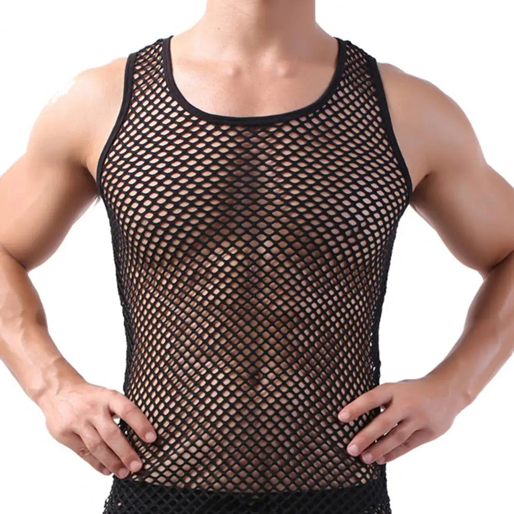 Riolio Men Sexy Mesh Tank Tops Transparent Sleep Tops Male Underwear Pure Color Vest Sleeveless Tops Underwear Male Undershirt
