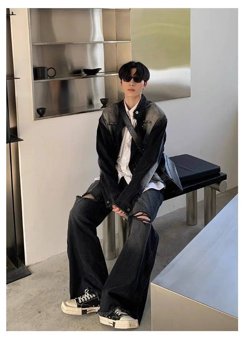 Riolio Autumn Denim Set Men Denim Jacket +Wide Leg Straight Jeans Casual Loose Solid Color Korean Style Street Stand Collar 2pcs Suit