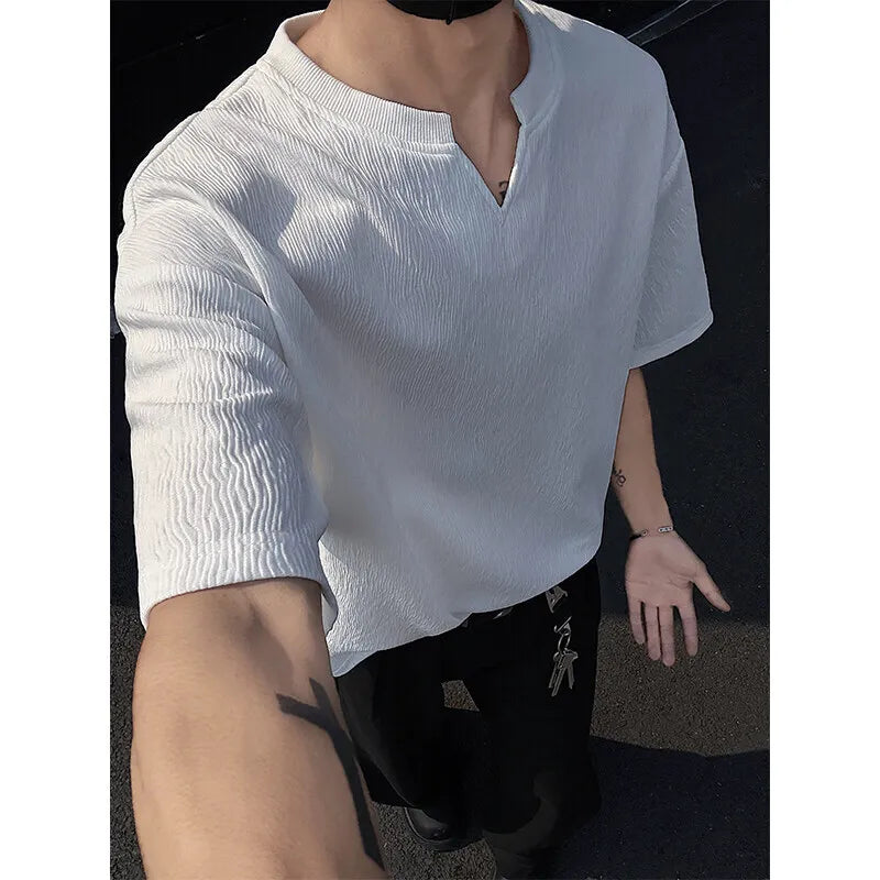 Riolio Summer Short Sleeved T-shirt Men Casual V-neck T Shirt Men Streetwear Korean Loose Pleated T Shirt Mens Top Large Size 5XL