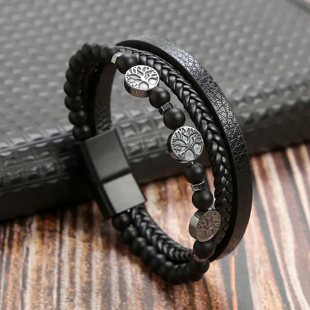 Riolio Hot Fashion Beads Leather Bracelet Men Classic Tiger Eye Beaded Multi Layer Leather Bracelet For Men Jewelry Gift