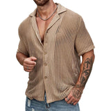 Riolio Sexy Hollow Out Breathable Knitted Shirt Men Summer Beach See Through Casual Shirts Mens Short Sleeve Button Solid Color Shirts