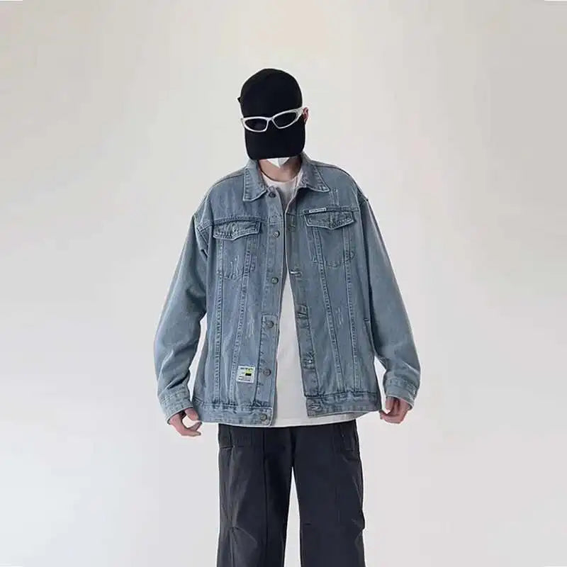 Riolio Blue Black Denim Jacket Men Fashion Retro Pocket Denim Jacket Men Streetwear Hip-hop Loose Bomber Jacket Mens Vintage Jackets