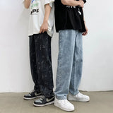 Riolio Jeans Men Design Print Mid Waist Oversize Baggy Jean Streetwear Zipper Fly Straight Denim Trousers Hip Hop Retro Teens Men