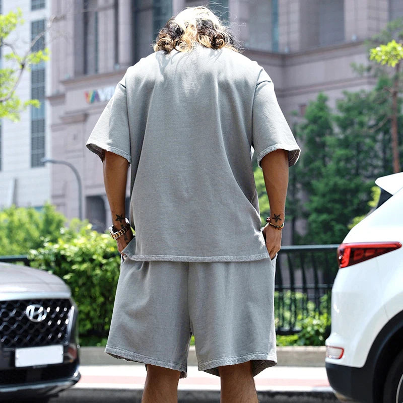 Riolio Summer New Men's Set Japanese Style Plus Size Casual Loose Sports Suit Short Sleeve T-shirt Shorts Two-piece Men's Clothing