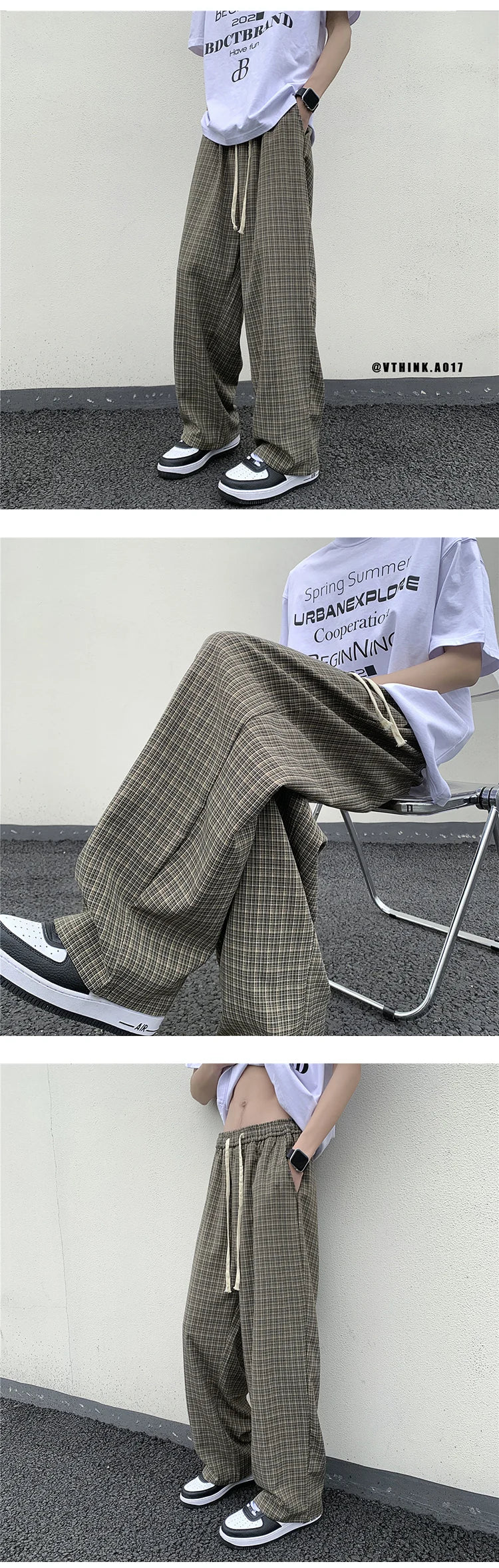 Riolio Summer/Autumn Plaid Pants Men Loose Casual Straight Trousers for Male/Female Harajuku Hip-hop Streetwear Wide-leg Mopping Pants