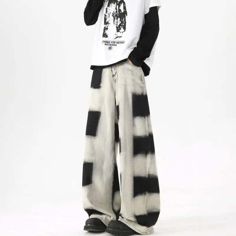Riolio Baggy Jeans Men Fashion Retro Wide Leg Jeans Men Streetwear Hip-hop Loose Black Plaid Jeans Mens Vintage Denim Pants S-3XL