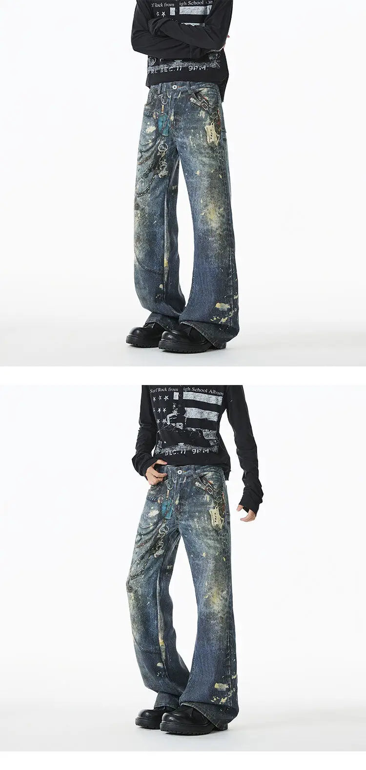 Riolio Jean Men Unique Design Graffiti Street Style Drag Jeans Urban Trendy Fashion Distressed Long Fit Casual Denim Pants Edgy Hip Hop