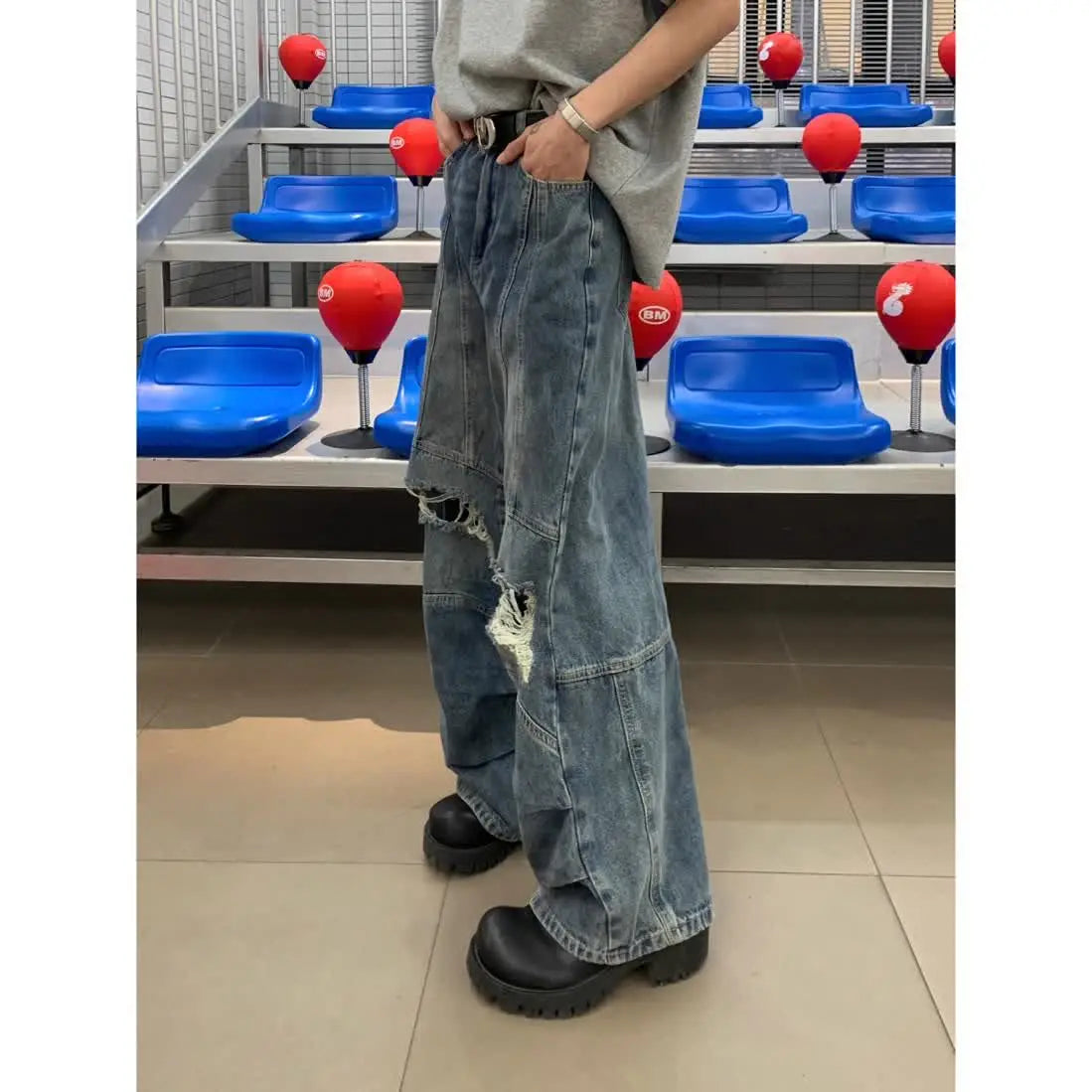 Riolio High Street Hip Hop Men and Women Trendy Personality Straight Tube Destruction Washed Jeans Autumn Loose Retro Casual Pants