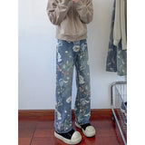 Riolio Flower Jeans Men Fashion Retro Printed Jeans Men Streetwear Hip-hop Loose Straight Jeans Men Baggy Vintage Denim Trousers