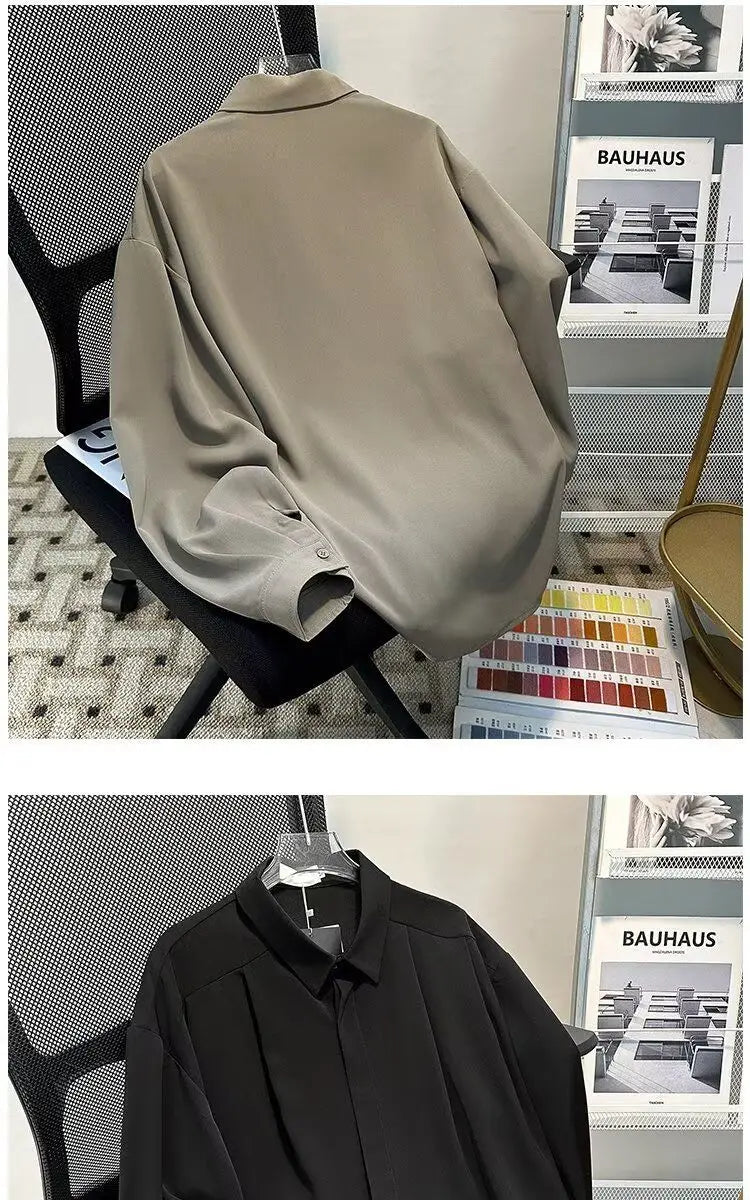Riolio Korean High-end Long-sleeved Shirt Men's Solid Color High-end Droop Top Spring and Autumn Loose Handsome Shirt Chic Streetwear