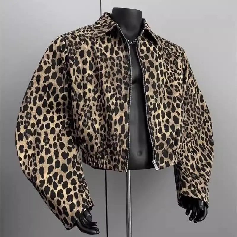 Riolio American Retro Leopard Print Jacket Men's Korean Style Style High-end Handsome Short Jacket Trendy High Street Style Denim Top