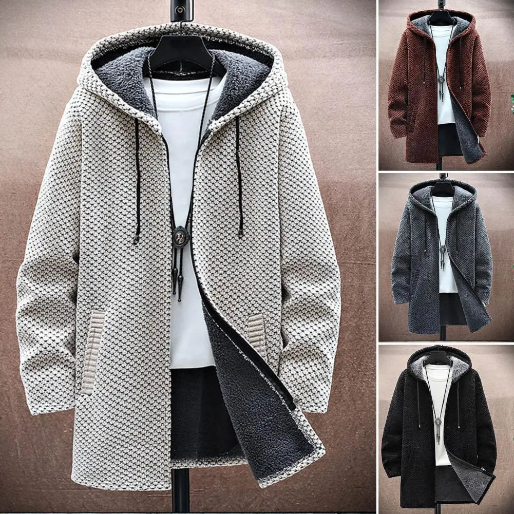 Riolio Autumn Winter Men Hooded Sweater Thicken Long Sleeve Drawstring Plush Lining Mid-Length Knitting Jacket Male Coat Streetwear