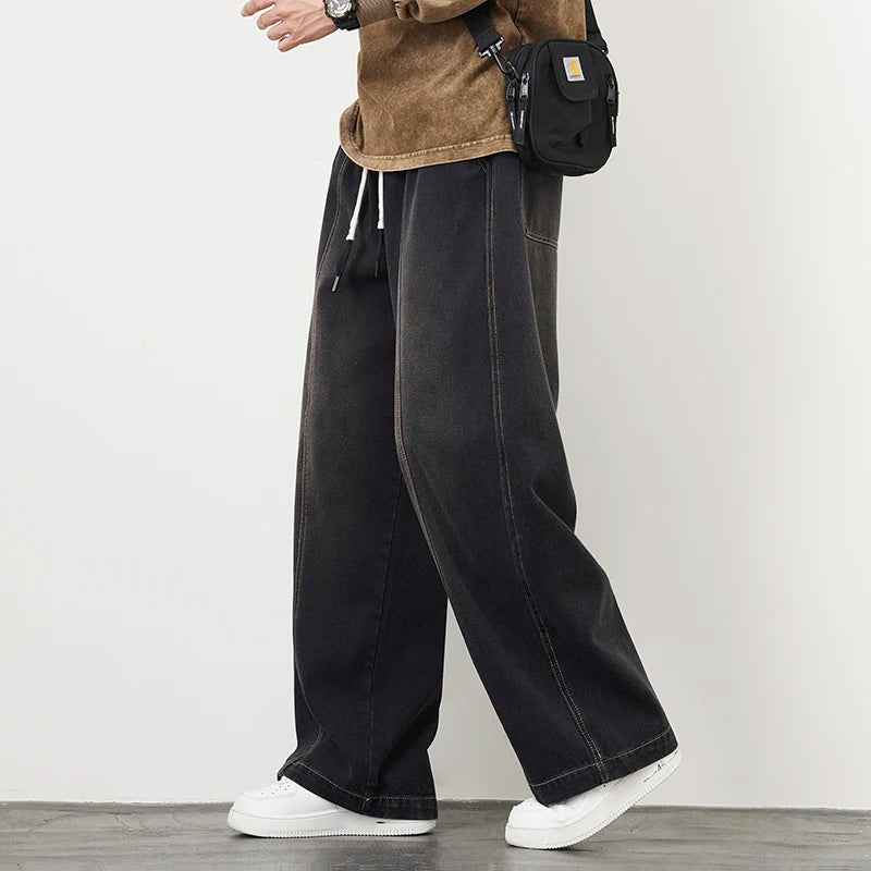 Riolio Plus Size M-8XL Baggy Jeans Men's Blue Black Streetwear Elastic Waist Y2K Trousers Fashion Straight Leisure Wide Denim Pants