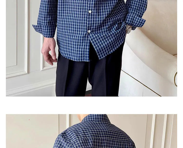 Riolio  New American Retro Men Shirts Light Luxury Textured Lapel Plaid Long Sleeve Cardigan Leisure Trendy Premium Check Blouse M-2XL