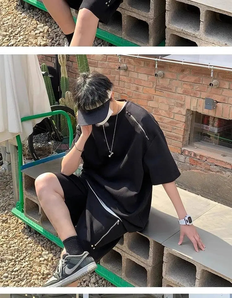 Riolio American Heavy Double Zipper Sports Suit Men's Summer Trendy Design Handsome Short-sleeved Shorts Casual Two-piece Set Urban