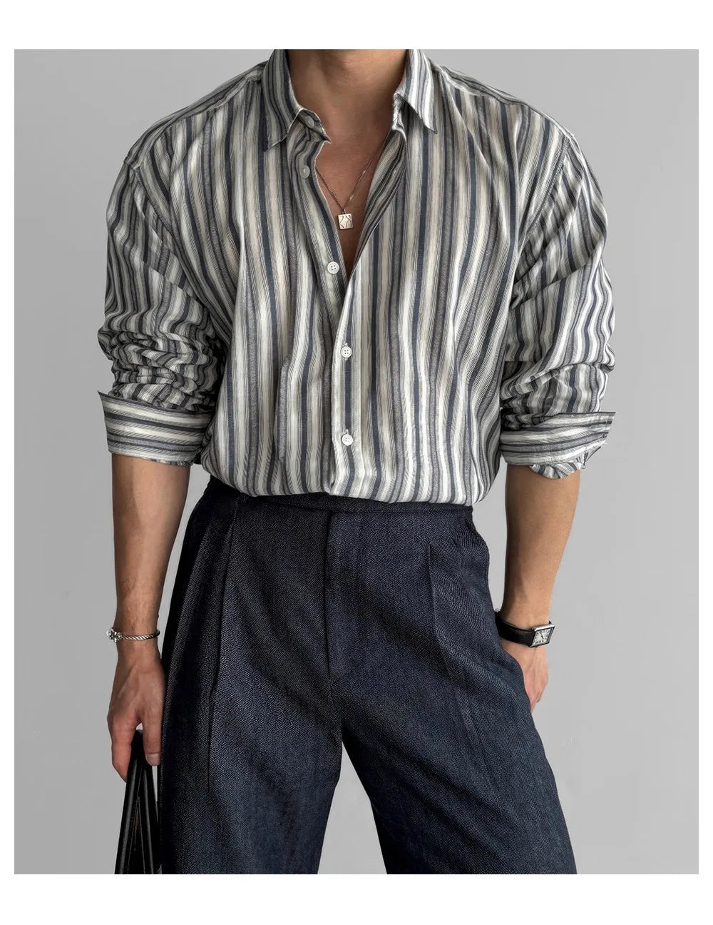 Riolio New Naples Business Men Shirts Light Luxury Textured Lapel Striped Long Sleeve Cardigan Leisure Premium Commuter Blouse M-2XL