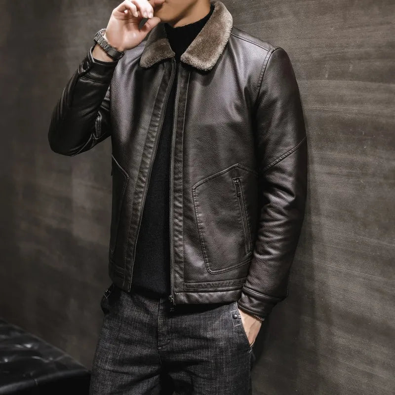 Riolio Casual Punk Rock Thick Leather Coats Slim Windproof Blazer Stand Collar Outwear Men's Pu Leather Jacket Zipper Motorcycle Jacket