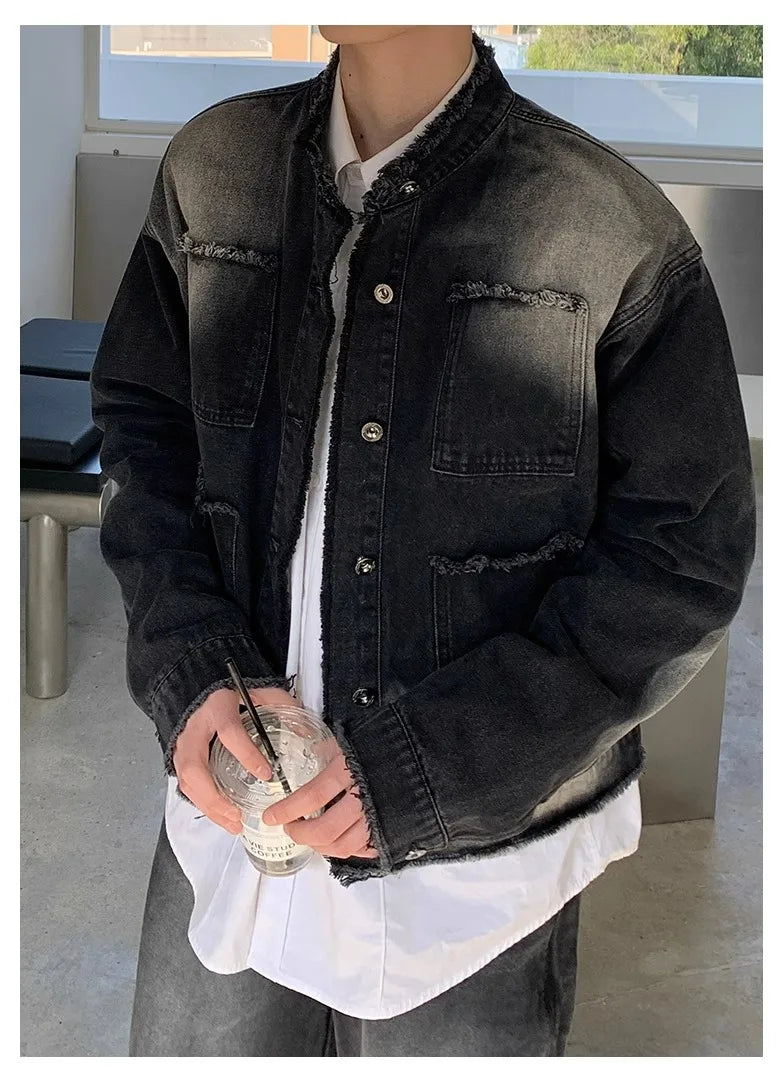 Riolio Autumn Denim Set Men Denim Jacket +Wide Leg Straight Jeans Casual Loose Solid Color Korean Style Street Stand Collar 2pcs Suit