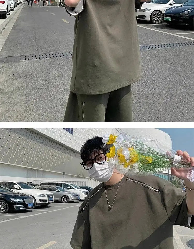 Riolio American Heavy Double Zipper Sports Suit Men's Summer Trendy Design Handsome Short-sleeved Shorts Casual Two-piece Set Urban