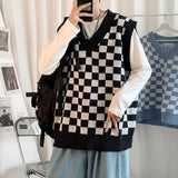 Riolio Men Knitted V Neck Japanese Vintage Loose Sleeveless Plaid Vests Chic Pullovers Chaleco Hombre Blue Checkerboard Sweater Vest